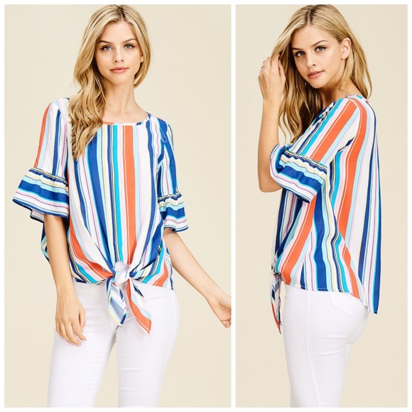 LAST 1! πStriped Woven Ruffle Self Tie Top! - Picture 2 of 4